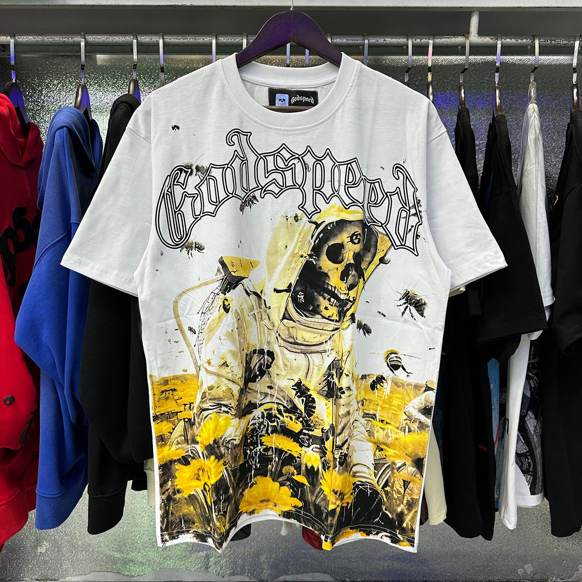 Godspeed T-shirts Skull Bee Sunflower Print Cotton Short Sleeve Men and Women